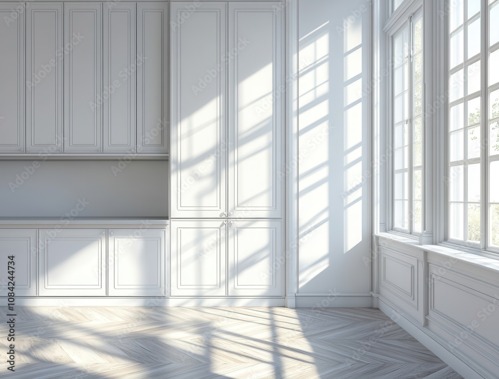 Fototapeta premium Minimalist white cabinet interior design, Scandinavian style with a herringbone parquet floor