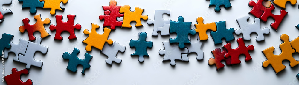 Fototapeta premium Floating puzzle pieces with team icons isolated on white background concept as Floating puzzle pieces adorned with team icons symbolizing flexibility and dynamic teamwork in team building puzzle solvi