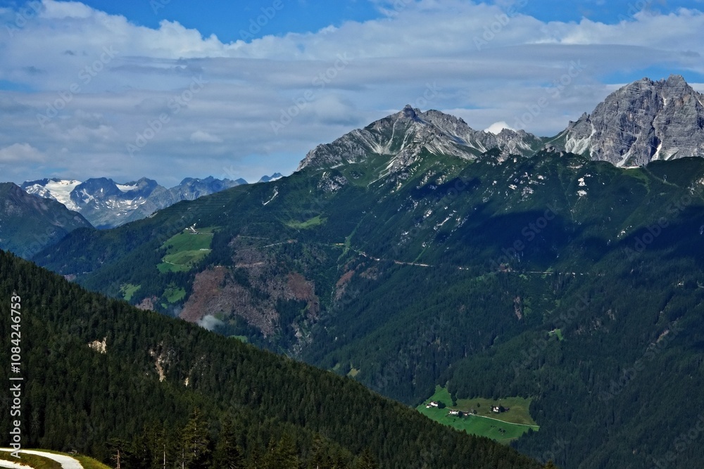 Fototapeta premium Austrian Alps - view of the Stubai Glacier and the top of the Hoher Burgstall from the top of Koppeneck