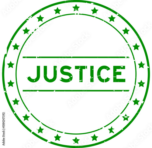 Grunge green justice word round rubber seal stamp on white background