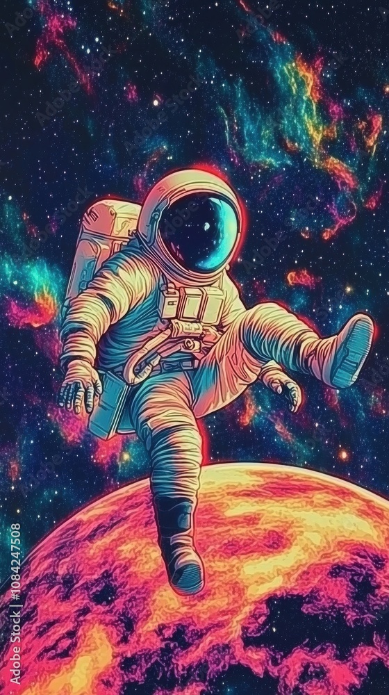 Naklejka premium An astronaut floats gracefully above a vividly colored planet, surrounded by a stunning cosmic backdrop filled with stars and nebulous clouds. The exploration evokes a sense of wonder and adventure.