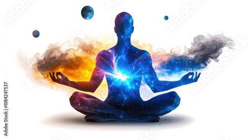 A meditative figure scene depicting an individual's astral form levitating in cosmic meditation
