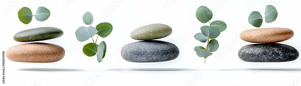 Fototapeta premium Levitating massage stones with floating eucalyptus leaves isolated on white background. concept as Levitating smooth massage stones paired with floating eucalyptus leaves representing therapy and natu