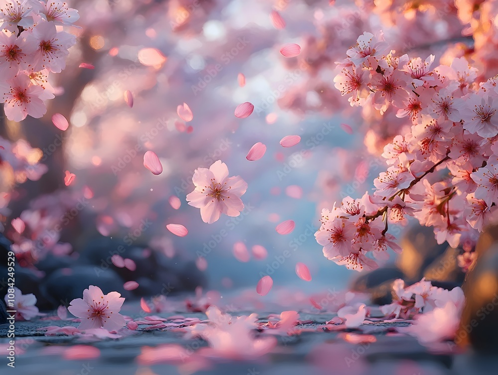 A serene scene featuring delicate cherry blossom trees in full bloom, with soft pink petals drifting gently through the air, creating a dreamy atmosphere. A serene scene featuring delicate cherry blossom trees in full bloom, with soft pink petals drifting gently through the air, creating a dreamy atmosphere.
