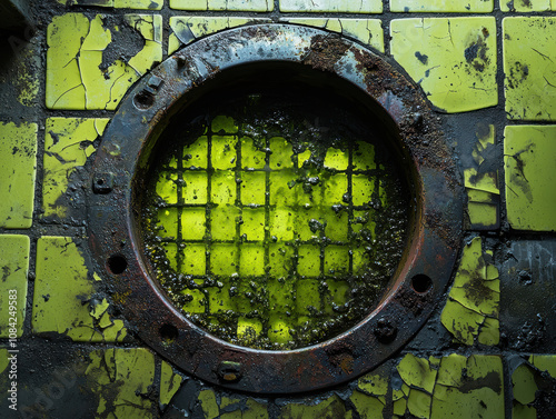 Circular rusty grate over glowing yellow-green liquid, combining industrial decay with bold contrasts in a textured composition. photo