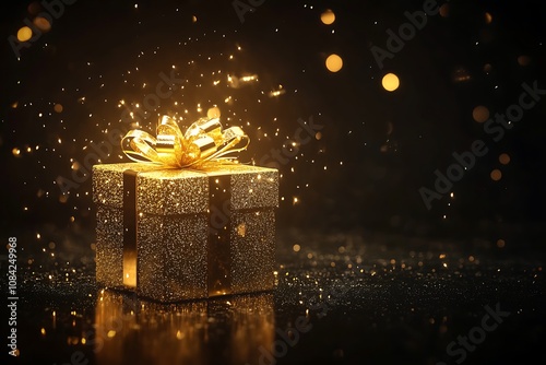 Sparlking golden present shining brightly against dark background. Animated shiny gold gift box appears on dark for luxury event visuals, elegant celebrations, event promotions, seasonal offers photo