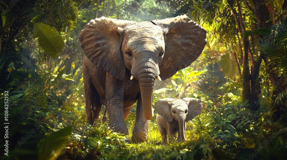 Fototapeta premium A baby elephant standing next to its mother in a wildlife reserve, with a joyful look on its face.