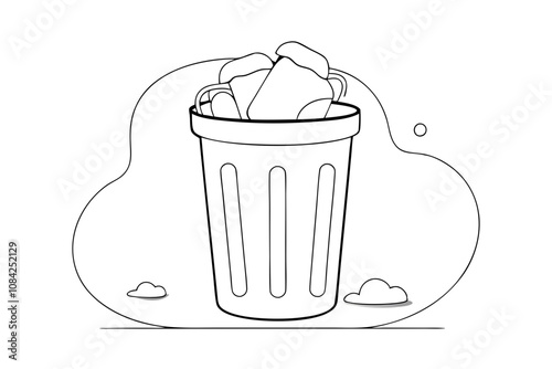 Overflowing Trash Can with Bags Line Art Vector Illustration