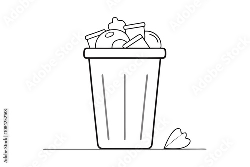 Overflowing Trash Can with Bags Line Art Vector Illustration