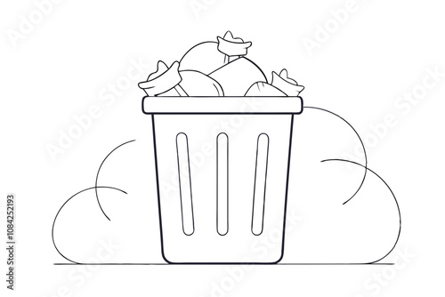 Overflowing Trash Can with Bags Line Art Vector Illustration