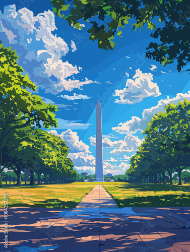 Painting of a park with a large Washington Monument in the background. The sky is blue and there are trees in the foreground