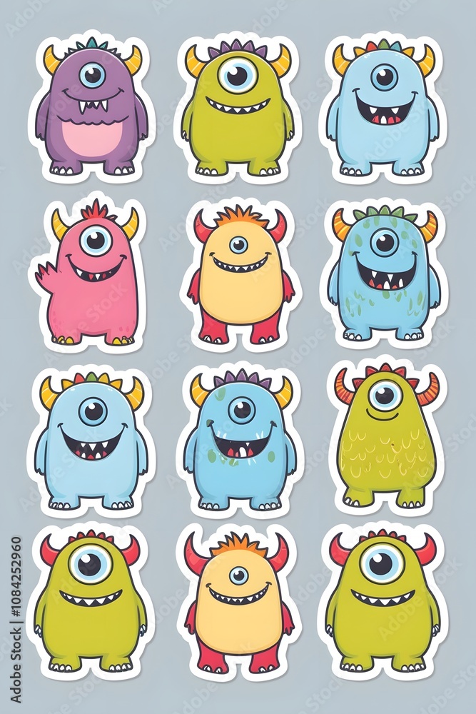 Obraz premium A Collection of Twelve Adorable One-Eyed Cartoon Monsters: Playful Designs for Kids' Stickers, Prints, or Digital Art