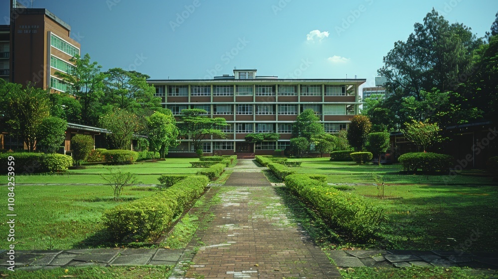 Fototapeta premium Brick Building with Green Lawn and Pathway