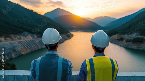 Engineers evaluating the energy output generated by the dam, ensuring maximum efficiency for hydroelectric power. photo