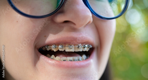 Metal braces on the upper and lower teeth of a young girl. Dental care and alignment.