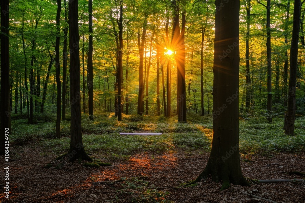 Obraz premium Sunlight filters through trees in a serene forest setting.