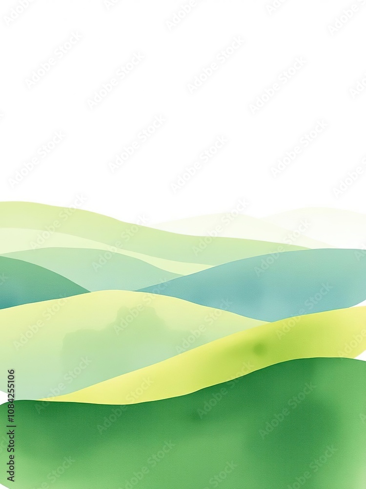 Fototapeta premium Light and serene watercolor painting depicting a peaceful landscape of rolling green hills, peaceful, scenic, gentle