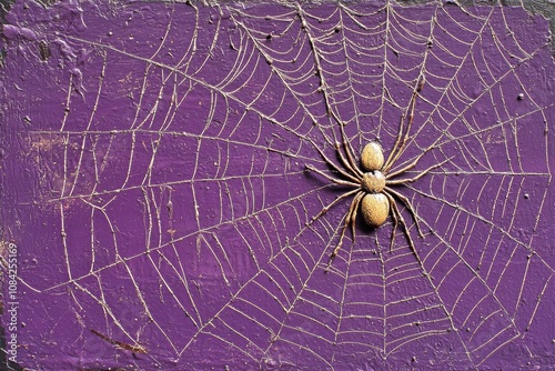 Purple Textured Background with Golden Spider and Web Art photo