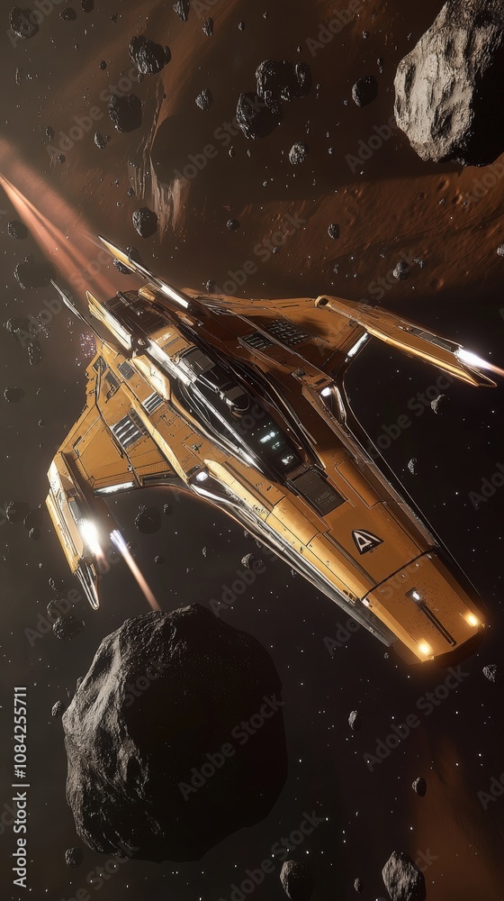 A yellow spaceship expertly maneuvers through a chaotic asteroid field, surrounded by rocky debris and distant cosmic elements. A yellow spaceship expertly maneuvers through a chaotic asteroid field, surrounded by rocky debris and distant cosmic elements.