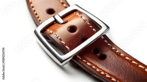 Detailed image of a mana??s belt, featuring a smooth leather texture and a polished metal buckle, isolated against a white background.  photo