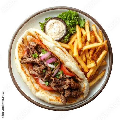 Delicious shawarma wrap served with fries and a dip, fresh and flavorful.