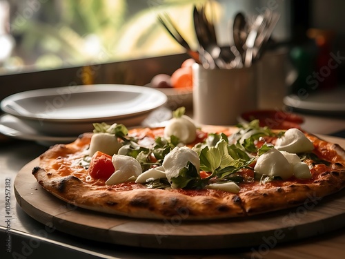 Pizza is a classic and beloved Italian pizza known for its simplicity and vibrant flavors. photo