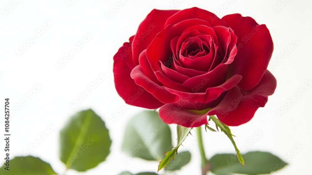 Fototapeta premium Detailed image of a red rose in full bloom, featuring a short stem and several green leaves, set against a crisp white background