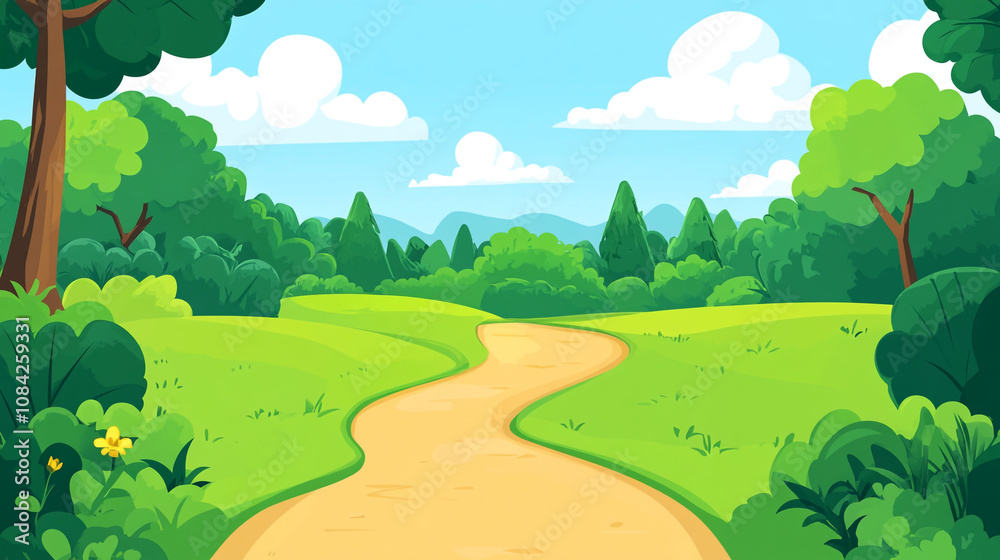 Obraz premium Scenic winding pathway through lush green forest under a bright blue sky during daytime