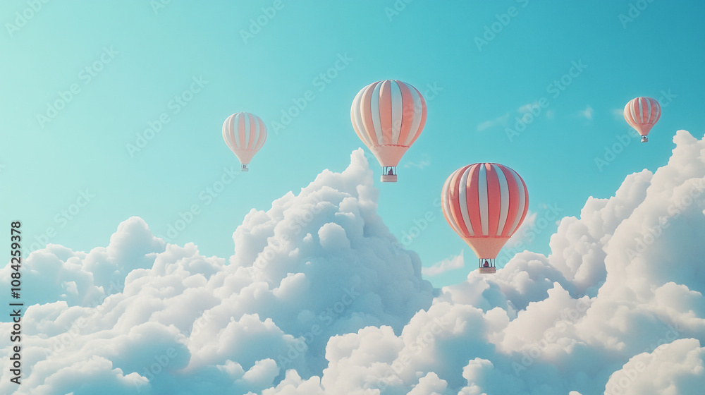 Fototapeta premium Colorful hot air balloons soaring high above fluffy clouds on a clear blue sky day
