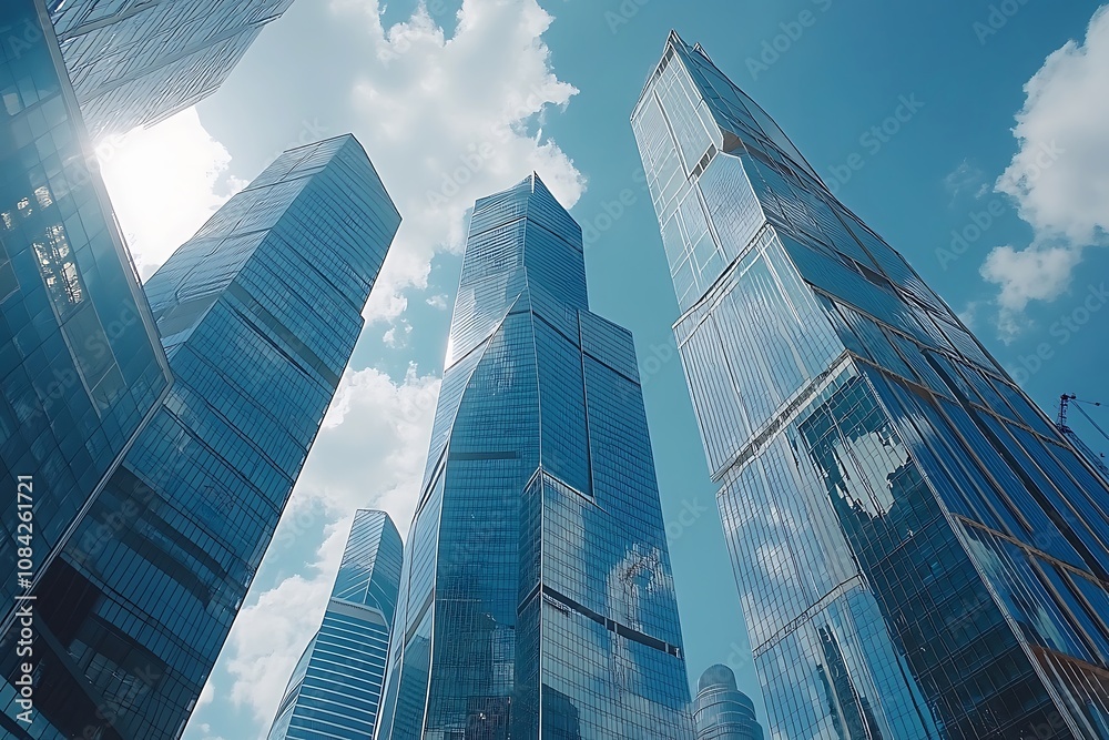 Obraz premium Modern Skyscrapers Reaching Upwards Against Blue Sky