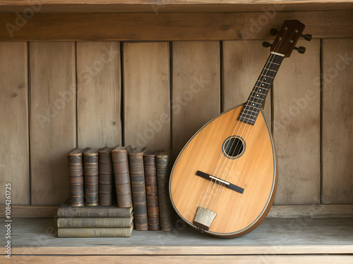 Beautiful old lute and antique books on a rustic old wooden shelf. photo