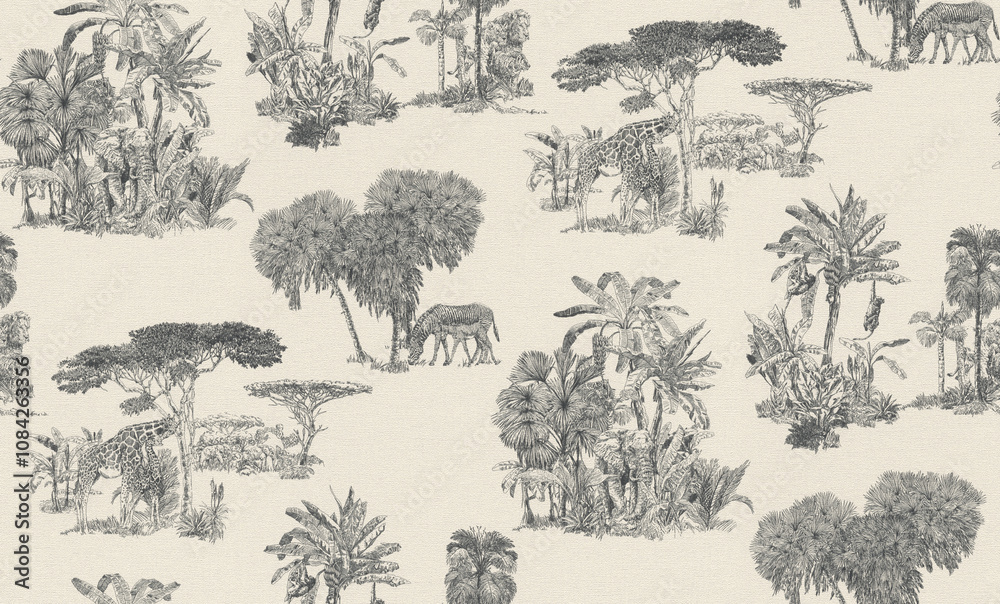 Obraz premium toile de jouy seamless pattern for digital printing, palm tree pattern, seamless decor pattern for wallpaper, abstract black and white wallpaper, jungle pattern
