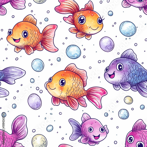 Seamless pattern, set of colorful cartoon fishes on white background photo