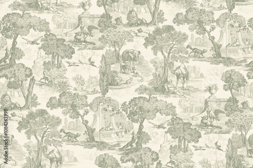 Fototapeta Naklejka Na Ścianę i Meble -  toile de jouy seamless pattern for digital printing, palm tree pattern, seamless decor pattern for wallpaper, abstract black and white wallpaper, jungle pattern