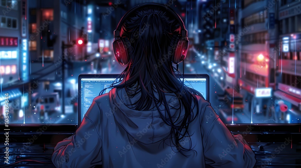 Obraz premium A young person coding in the office in front of a laptop, looking down onto the city at night, illustration, anime style, comic style, minimalistic color palette