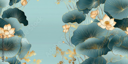 seamless of  Golden lotus line arts on light blue background luxury gold wallpaper design wedding background , isolated on white background,  , copy space, copy space for text,