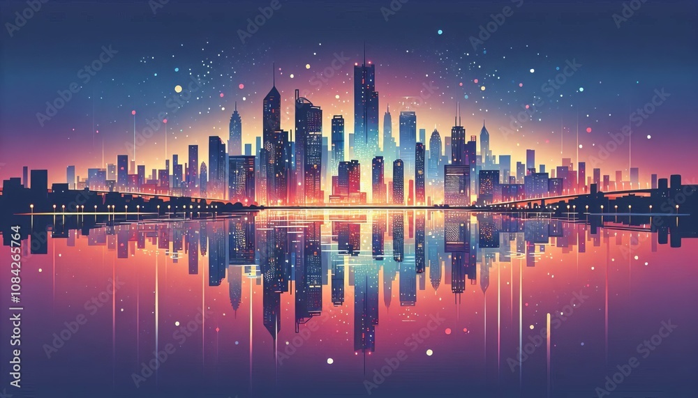 Fototapeta premium Urban skyline reflecting on a tranquil river at night with vibrant city lights and cinematic color grading