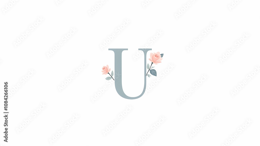 A sophisticated logo featuring a light gray uppercase U adorned with delicate pink roses and leaves on either side. Simple, elegant design. A sophisticated logo featuring a light gray uppercase U adorned with delicate pink roses and leaves on either side. Simple, elegant design.