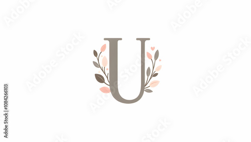 Gray letter U adorned with delicate pink and brown floral branches, leaves, and small hearts. Simple, elegant, and feminine design. photo