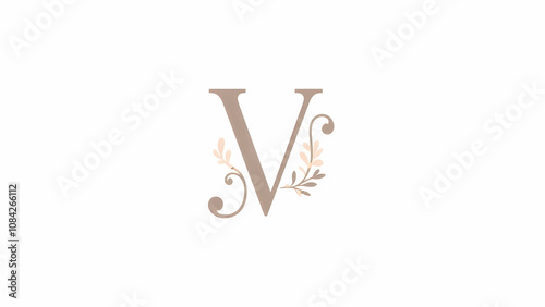 A taupecolored letter V adorned with delicate, lightpink floral accents and elegant swirls on a white background. Perfect for branding or logos. photo