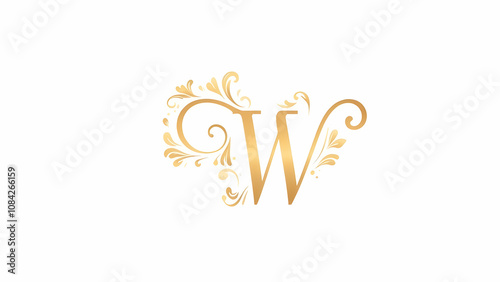 A gold letter W is elegantly presented, adorned with intricate golden floral swirls and flourishes on a white background. Its a sophisticated monogram.