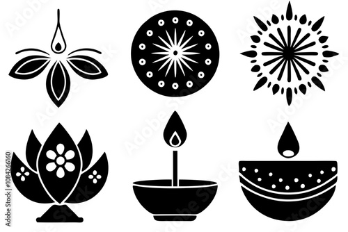 Diwali Logo Icon Set Minimalistic Silhouette Designs Featuring Diya Lamp, Fireworks, and Rangoli Patterns for Festive Events