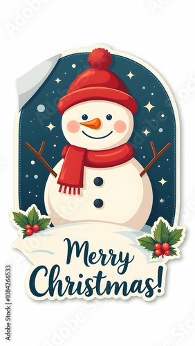 A cute snowman in a red hat and scarf on a dark blue background with stars and holly. Merry Christmas! banner below. Stickerstyle design. photo