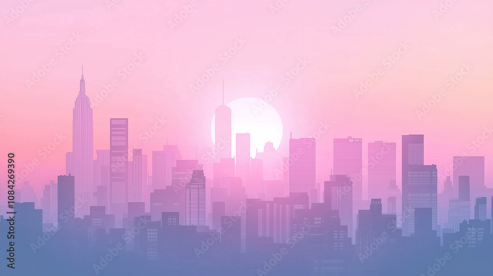 Fototapeta premium Minimalist Urban Skyline at Sunset with Pastel Colors - Serene Cityscape Illustration with Modern Buildings