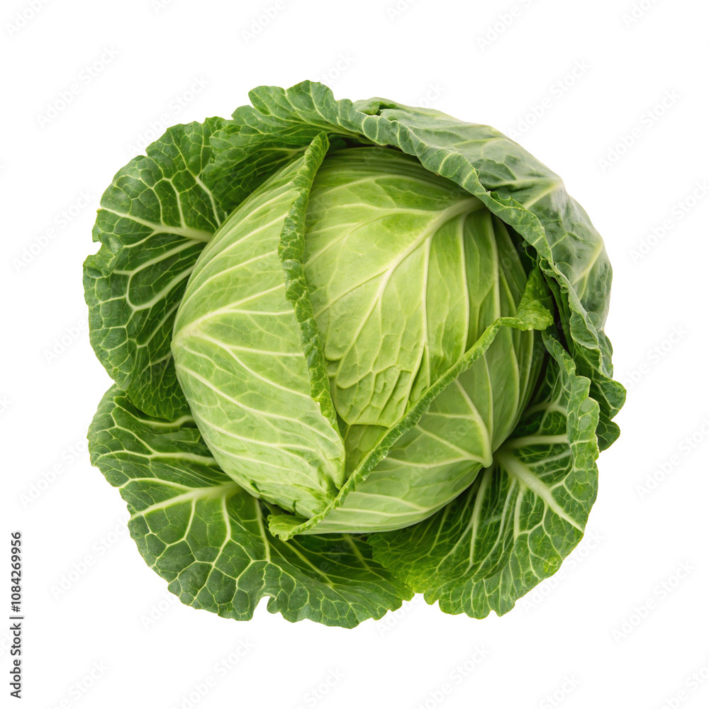 Fototapeta premium Fresh ripe whole green cabbage leaves isolated on a transparent background, top view 