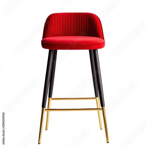 A stylish red bar stool with a textured backrest and sleek black legs, featuring gold accents for a modern touch.