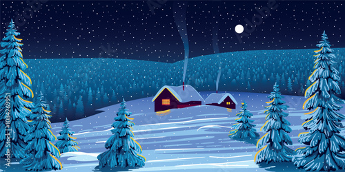 Winter season landscape night panorama with village under the snow in the first plan and forest in the background. Handmade drawing vector illustration. Can be used for christmas gifts, decorations. photo