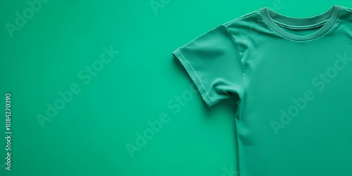 A visually appealing t-shirt icon placed on the right side, set against a panoramic green backdrop with generous copy space available. --ar 2:1 --s 50