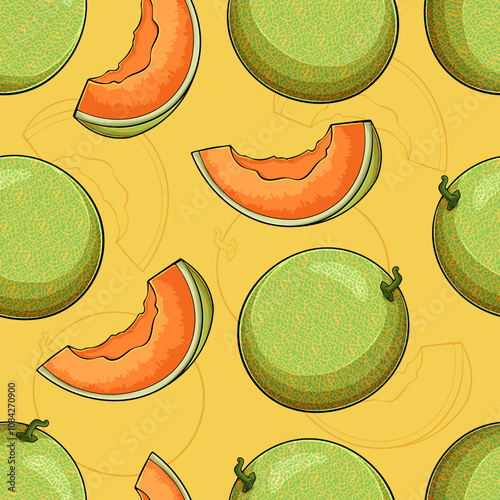 Hand drawn seamless pattern of full and sliced sweet aromatic greenish cantaloupe melon with seeds