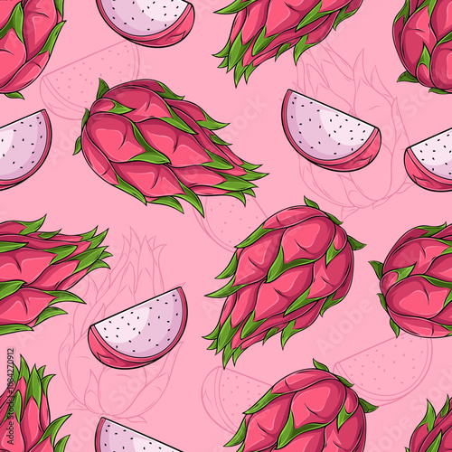 Hand drawn seamless pattern of fully and slices of tropical exotic pink dragon fruit with seeds